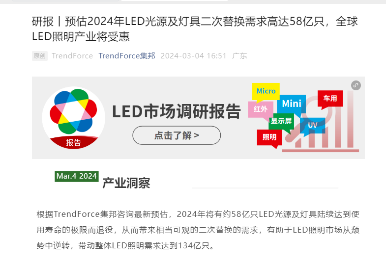 集邦咨询：预估2024年LED光源及灯具二次替换需求高达58亿只 全球LED照明产业将受惠(图1)